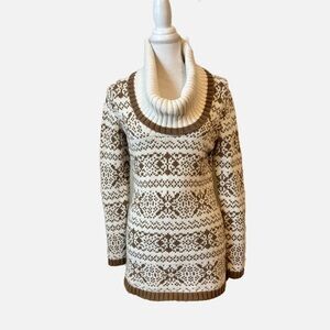 Loft Ann Taylor Cotton Blend Cowl Neck Sweater Size Medium Ivory Brown Pattern